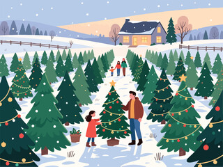 Christmas Tree Farm with Family Selecting a Tree and Snowy Countryside - Flat Illustration Vector