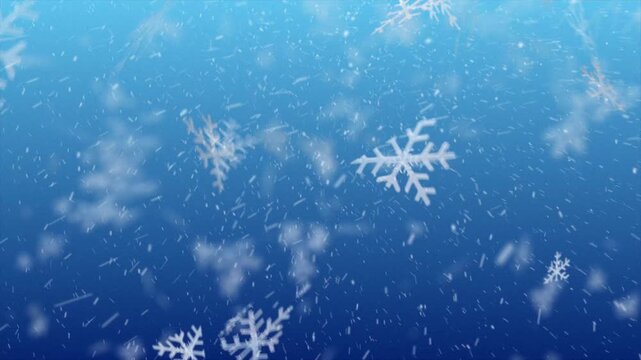 White snowflakes falling on blue gradient background. Winter season and holiday celebration concept. Design for poster, wallpaper, banner, greeting card, invitation, postcard