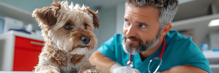 Caring veterinarian in medical scrubs examining small brown Yorkshire terrier dog during checkup at modern veterinary clinic with stethoscope.