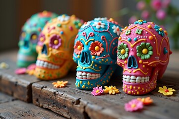 Fototapeta premium Colorful day of the dead sugar skulls decorated with flowers on wooden table