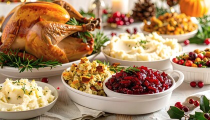Authentic Thanksgiving dinner spread with roast turkey, stuffing, cranberry sauce, and mashed potatoes on a decorated holiday table