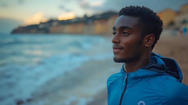 Young African American man in blue hoodie smiling while enjoying sunset at beach, waves crashing in background, profile view captures peaceful contemplative moment at dusk.