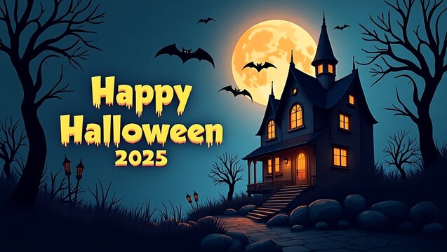 Spooky haunted house with full moon and bats happy halloween 2025 - Powered by Adobe