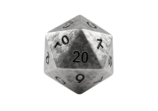 Closeup of a Metallic TwentySided Die isolated on transparent background