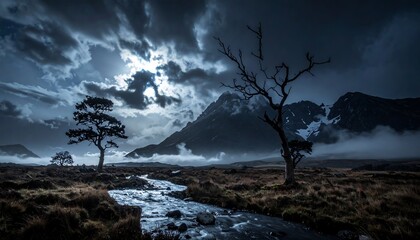 Dramatic mountain landscape at dawn or dusk