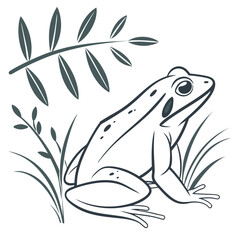 Illustration of a frog sitting in grassy reeds under a leafy branch