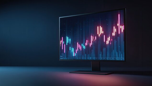 Stock market graph on computer monitor in dark room - Powered by Adobe