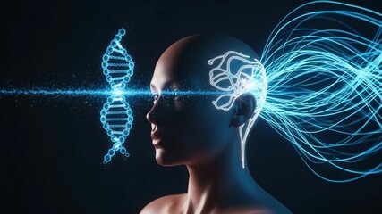 Futuristic human head with digital brain and DNA hologram visualization - Powered by Adobe