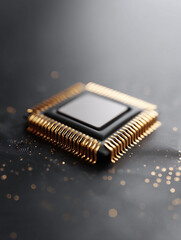 Closeup of a sophisticated microchip with golden pins on a dark circuit board. Conceptual tech image embodying progress, innovation, and future technology.