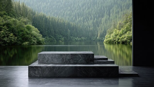 Modern, minimalist platform in front of a tranquil lake and forest