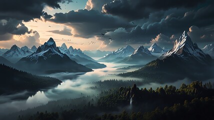 Misty mountains and river valley at sunrise, atmospheric and majestic landscape.