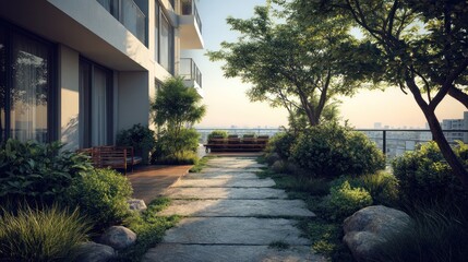 Obraz premium Modern apartment building with a rooftop garden, pathway and city view