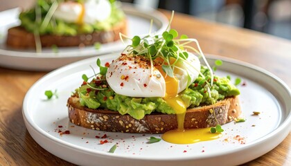 California-style avocado toast topped with poached egg, microgreens, and chili flakes on a modern café table