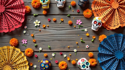 Colorful dia de los muertos celebration with marigolds and sugar skulls on wooden background