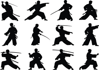 Vector Silhouettes of Samurai Martial Artists with Katana in Action Poses – Japanese Sword Fighting and Traditional Warrior Training Concepts