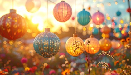 Dynamic Festive decorations with warm golden lighting bold colors simple shapes