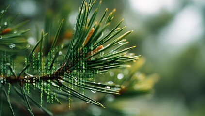 Close-up of pine needles with digital code overlay