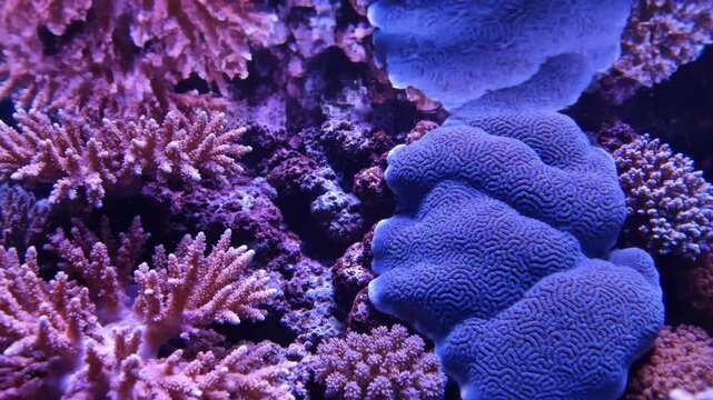 Captivating Underwater View of Purple and Blue Stony Corals Thriving in a Vibrant Reef Environment, Taken During Daylight