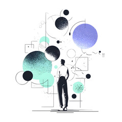 Silhouette of a man contemplating abstract geometric shapes and cosmic elements.