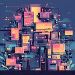 Digital Eden: A Vibrant Assemblage of Screens Plants and Interconnected Networks.