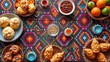 Traditional pastries and fruits on vibrant patterned tablecloth with decorative flowers