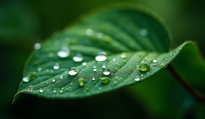 Fresh green leaf with rain drops macro shot