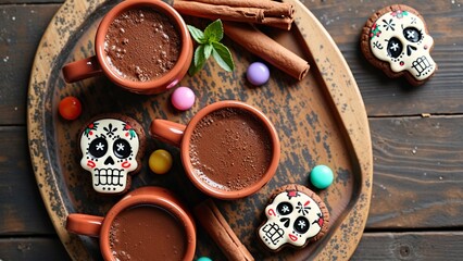 Festive mexican hot chocolate with day of the dead sugar skulls and cinnamon sticks on wooden table