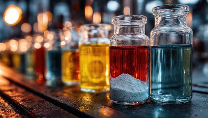 Colorful laboratory bottles lined up on a dark surface