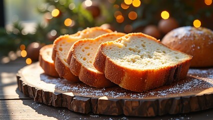 Sliced homemade pound cake on wooden board with warm festive lighting