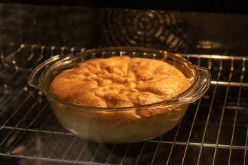 Close up shot of the baked pie in the oven. Food