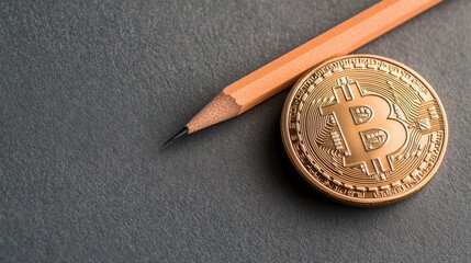 Golden cryptocurrency coin sits near a pencil on a grey surface. Shows concepts relating to cryptocurrency trading and finance.