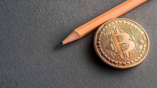 Golden cryptocurrency coin sits near a pencil on a grey surface. Shows concepts relating to cryptocurrency trading and finance. - Powered by Adobe