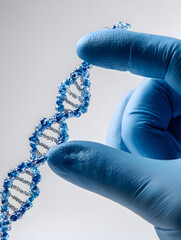 Close-up of DNA Model Held by Blue Glove Scientific Precision.