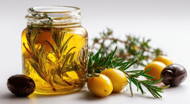 Olive oil in a glass jar with fresh herbs and olives