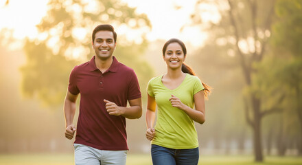 indian active couple jogging together in sunlit park both wearing casual athletic wear