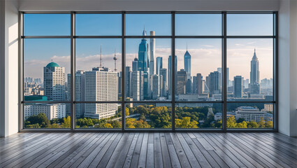 Stunning skyline view of modern city buildings through high rise window