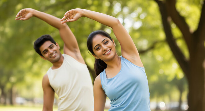 young indian people performing stretching in park both wearing athletic attire