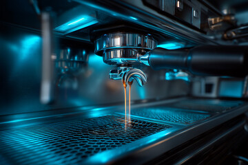 The captivating process of rich, aromatic espresso brewing, a precise extraction from a high-tech machine, creating a dark, invigorating elixir for a perfect morning ritual and daily indulgence