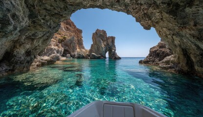 Ocean cave, turquoise water, rocky formations