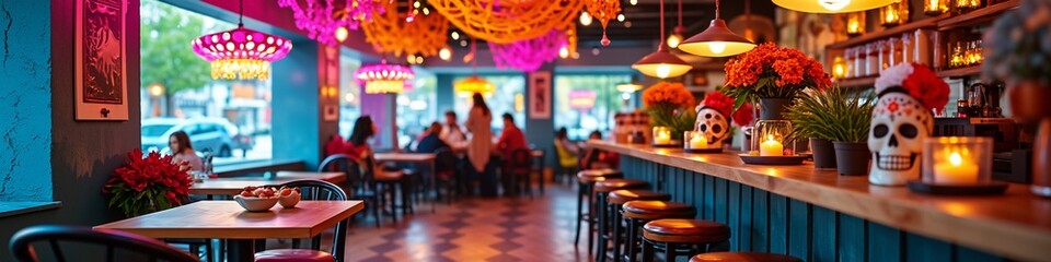 Vibrant mexican restaurant interior with festive decor and warm ambiance