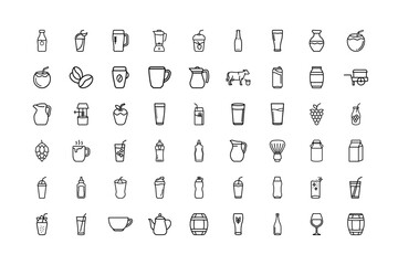 Beverages Farm Line Art Icon Collection | Minimalist Outline Style of Drinks, Dairy, Coffee, Juice, Tea, Wine, Beer, Bottles, Cups, Pitchers and Barrels for Food and Drink Industry Design Assets