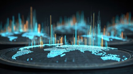 3D Digital World Map with Data Visualization and Colorful Light Graphs Representing Global Connections and Information Flow