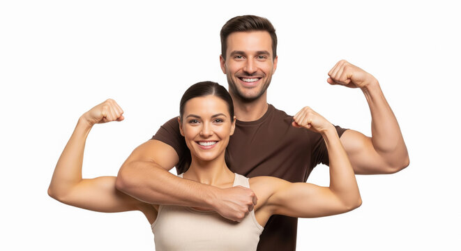 young muscular indian man and woman standing together in athletic pose both flexing arms to show biceps isolated on white background