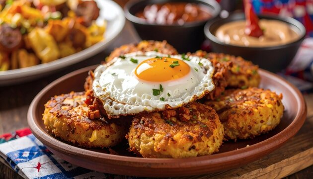 Ecuadorian llapingachos potato patties with cheese, served with fried egg, chorizo, and peanut sauce in a traditional market setting