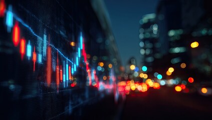 Night city display with financial charts