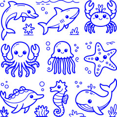 Kawaii ocean animal doodle set. Hand-drawn marine life illustrations in a simple blue line style