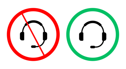 Headphone headset icon showing a choice between acceptance and rejection, presented in red and green circles transparent background