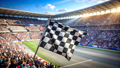 Checkered flag waving in sports stadium