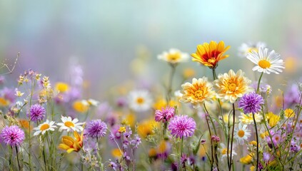 Obraz premium A vibrant meadow of wildflowers in soft pastel hues