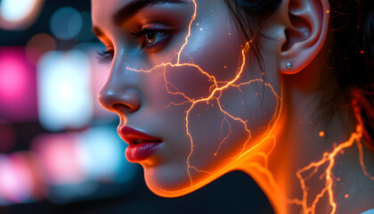Obraz premium Futuristic Portrait with Illuminated Facial Lines
